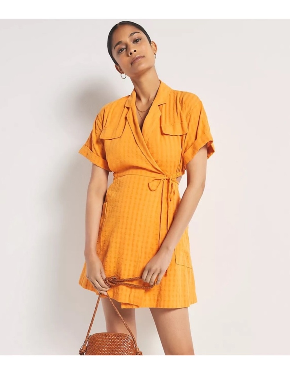 Anthropologie Orange Short Sleeve Mini Wrap Dress Size Small